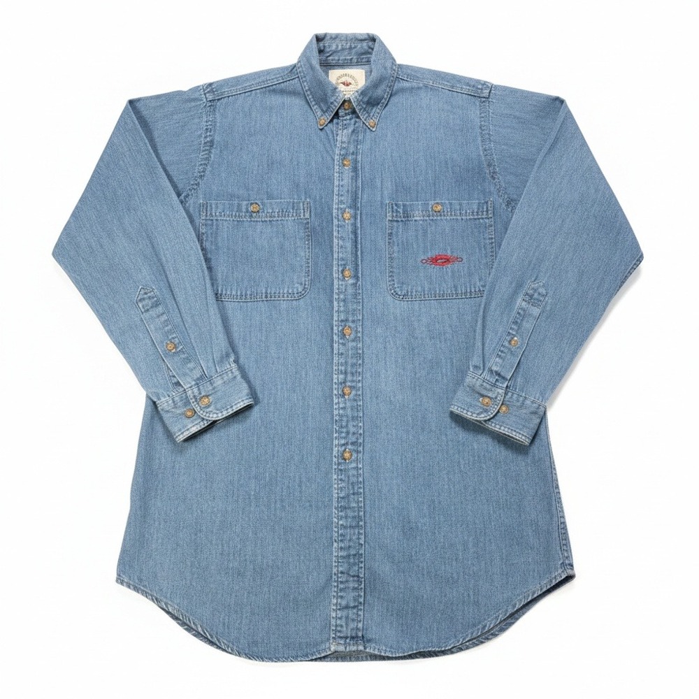 Vintage MWG Denim‎ Shirt Mens L Southwestern Embroidered Blue Jean Button Down